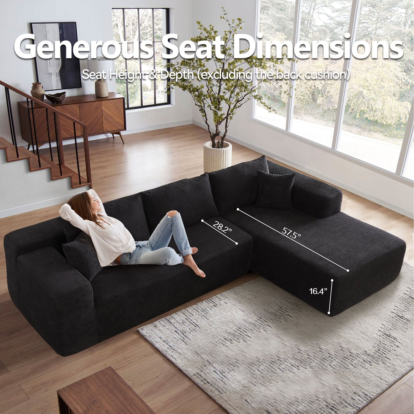 104" L-Shape Modular Couch with Chaise,Corduroy Fabric,No Assembly Required