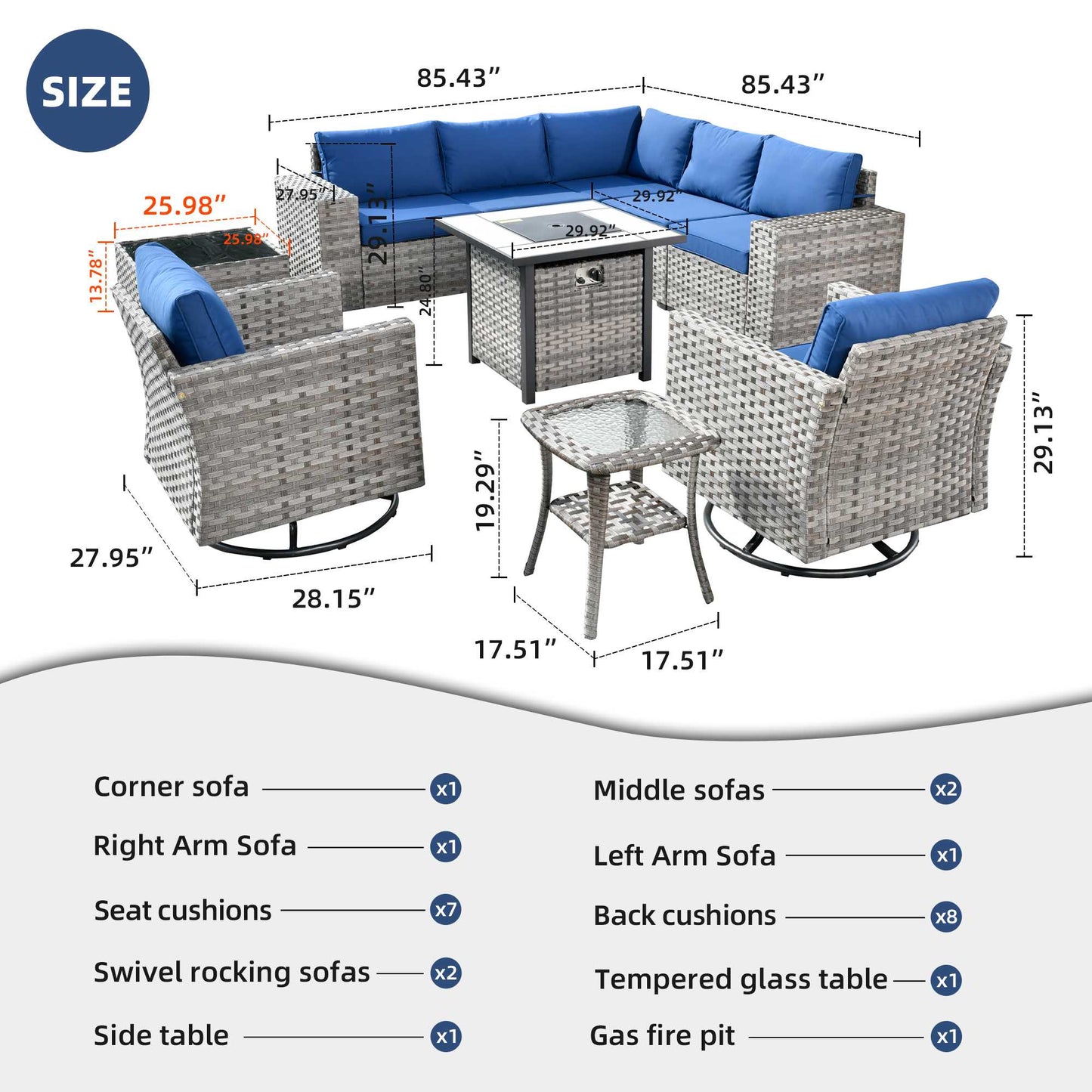 10 Pieces Patio Furniture with 7.68'' Handrails and 30'' Fire Pit Table Rocking Chair
