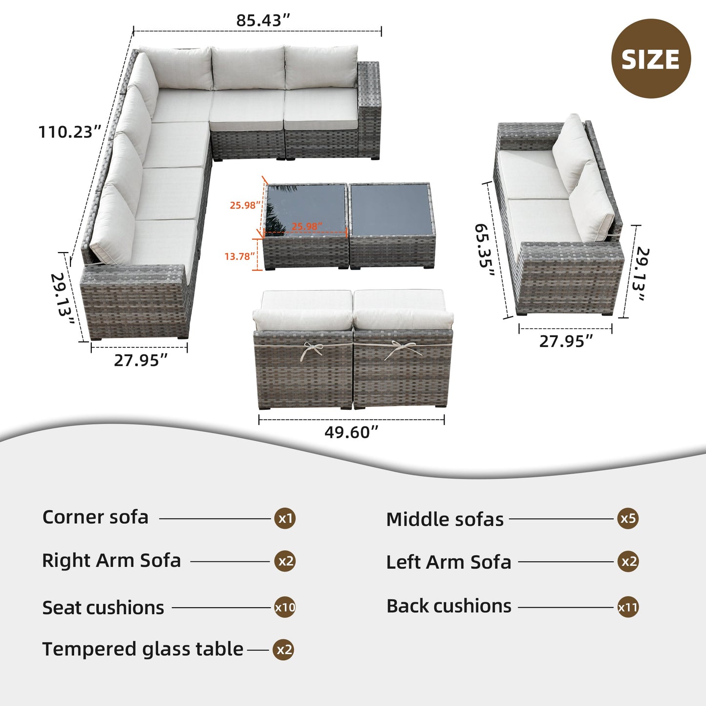 12 Pieces Patio Conversation Set with 7.68'' Broad Handrails