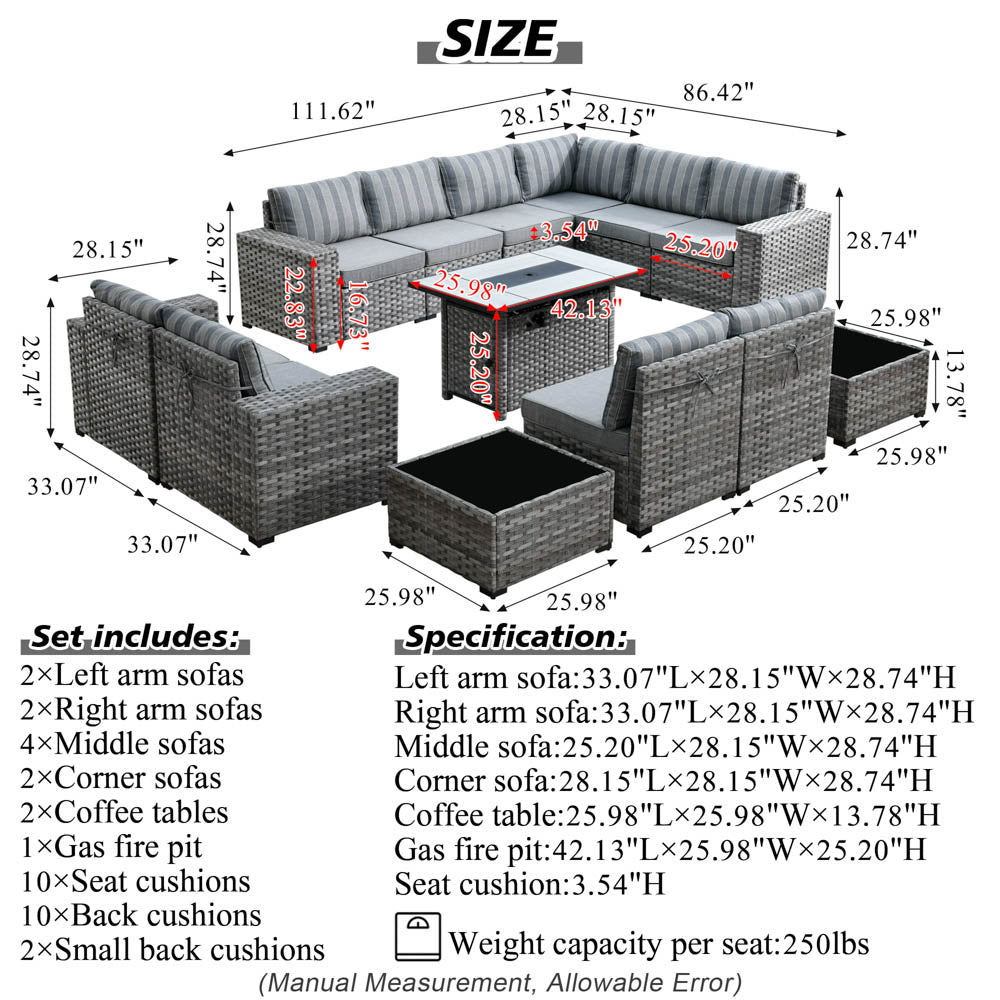 13 Pieces Outdoor Furniture with 7.68'' Broad Handrails and Rectangle 42.12'' Fire Pit Table