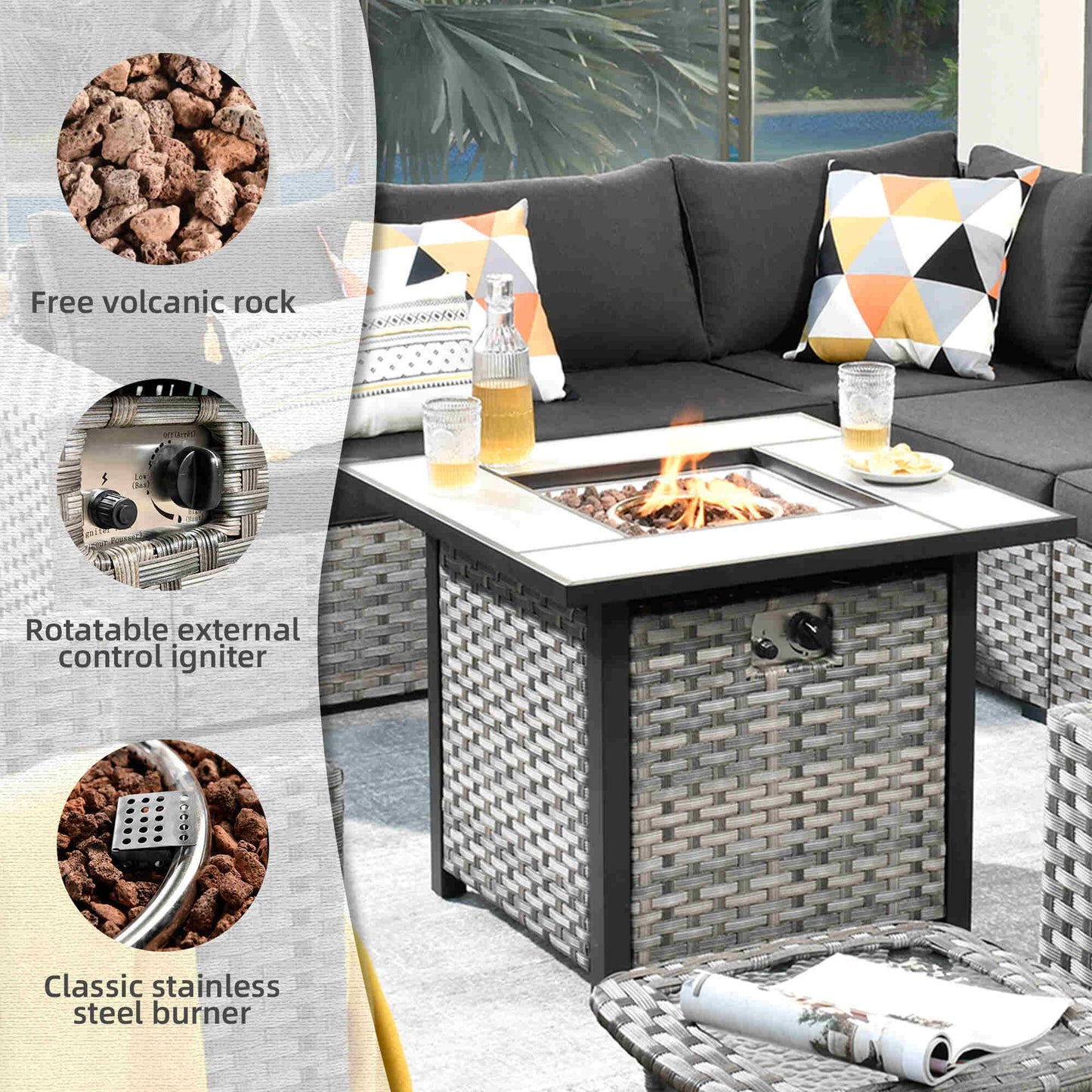 10 Pieces Patio Furniture with 7.68'' Handrails and 30'' Fire Pit Table Rocking Chair