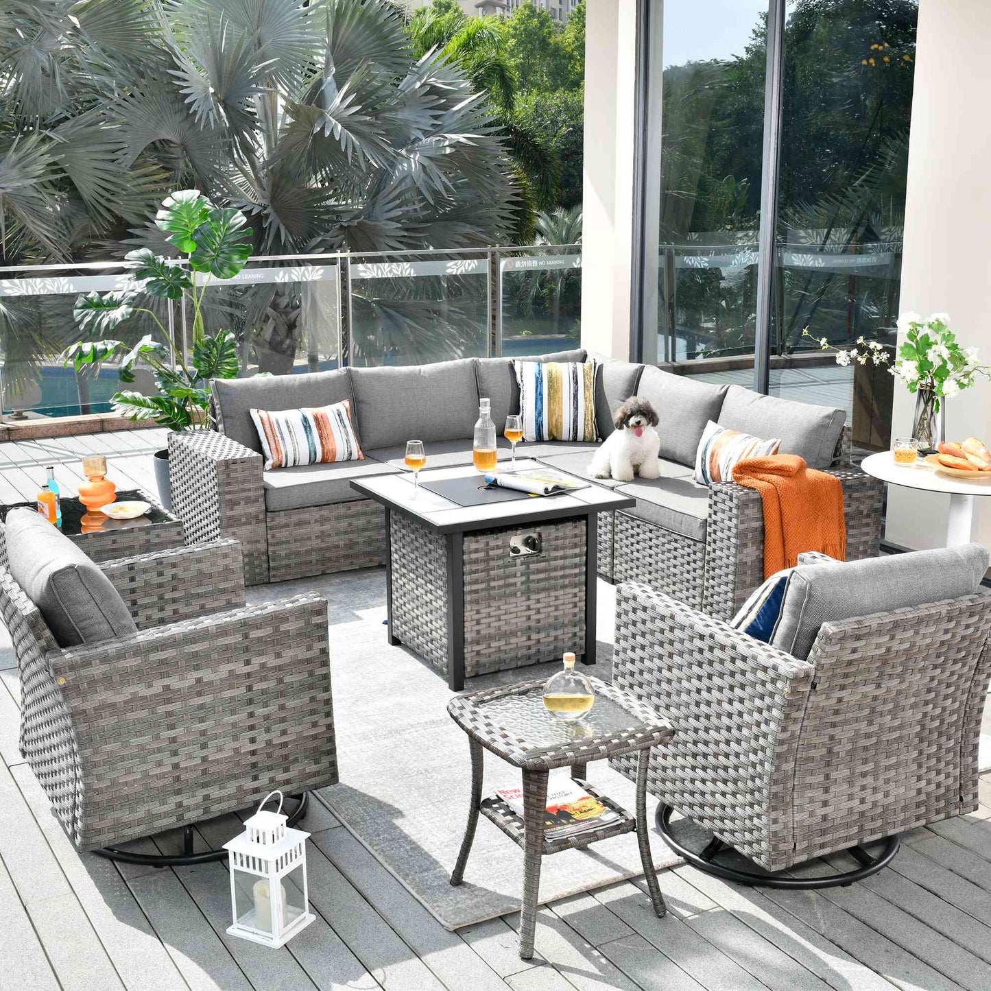 10 Pieces Patio Furniture with 7.68'' Handrails and 30'' Fire Pit Table Rocking Chair