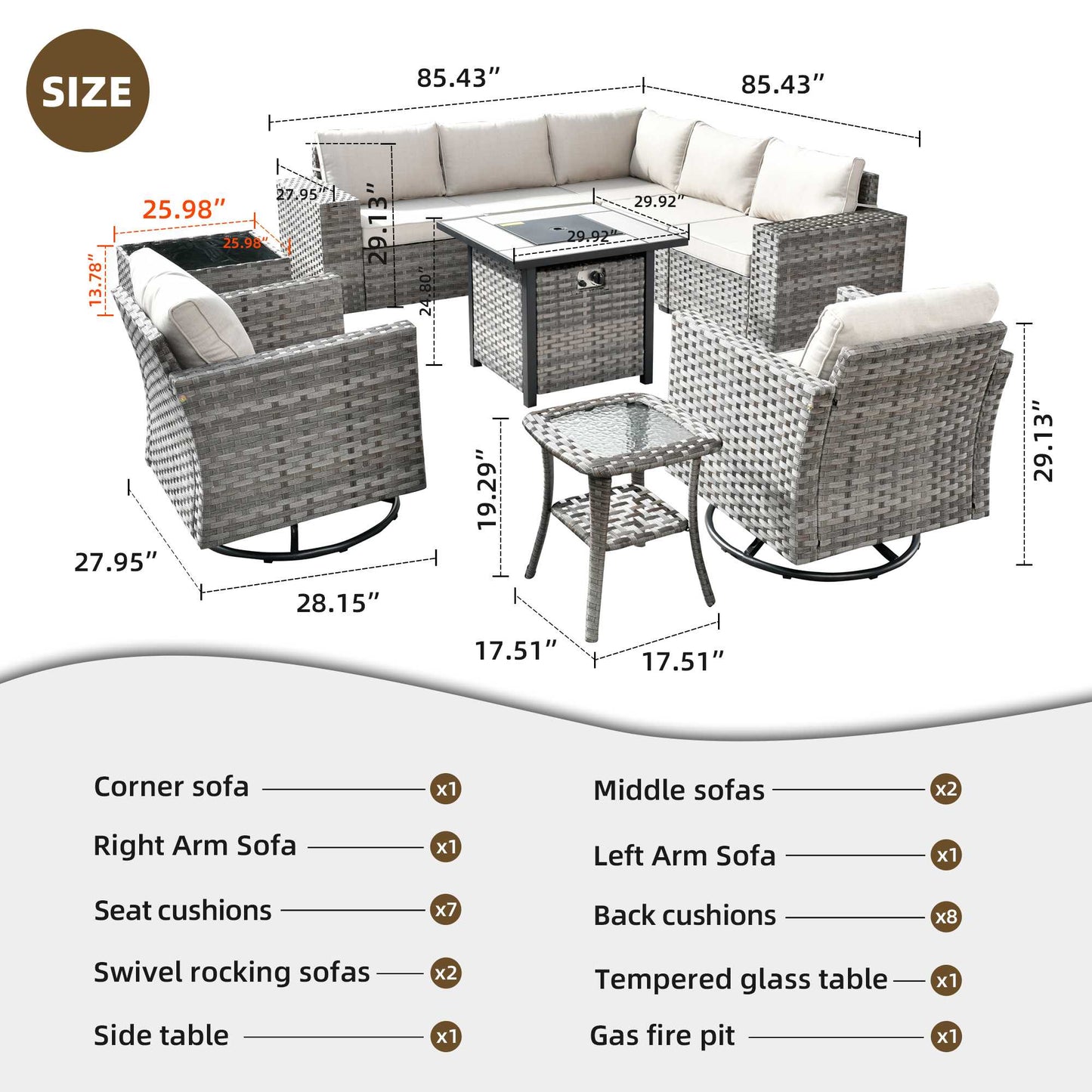 10 Pieces Patio Furniture with 7.68'' Handrails and 30'' Fire Pit Table Rocking Chair