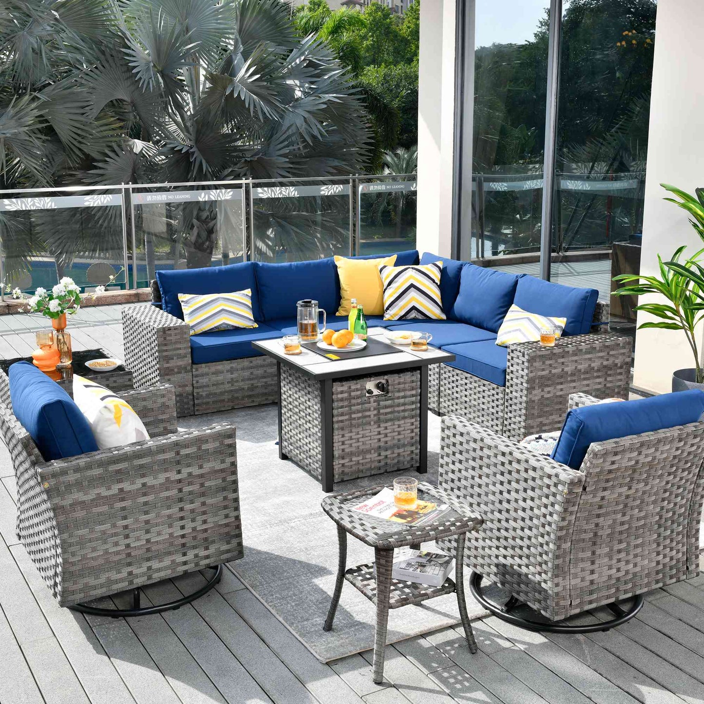10 Pieces Patio Furniture with 7.68'' Handrails and 30'' Fire Pit Table Rocking Chair