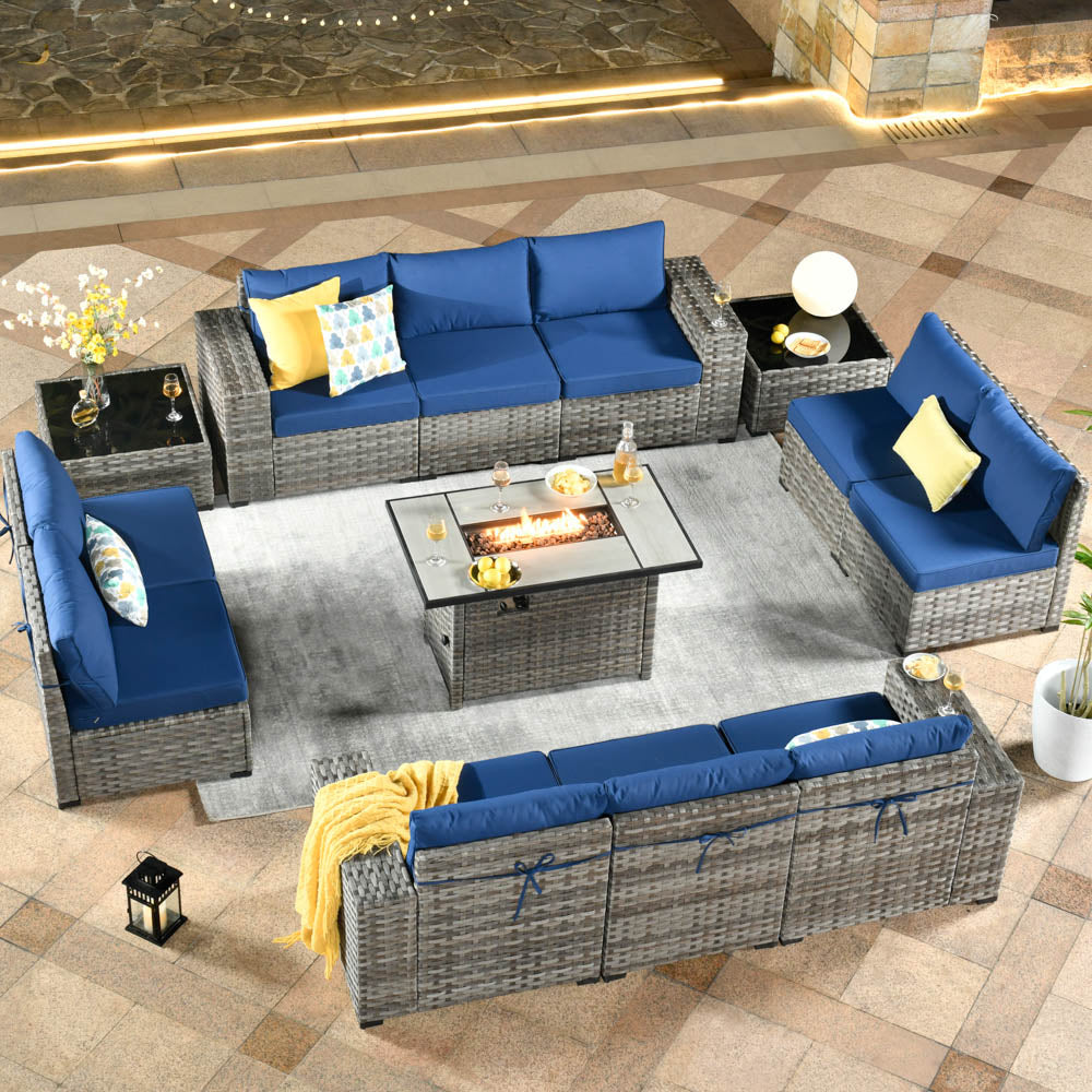 13 Pieces Outdoor Furniture with 7.68'' Broad Handrails and Rectangle 42.12'' Fire Pit Table