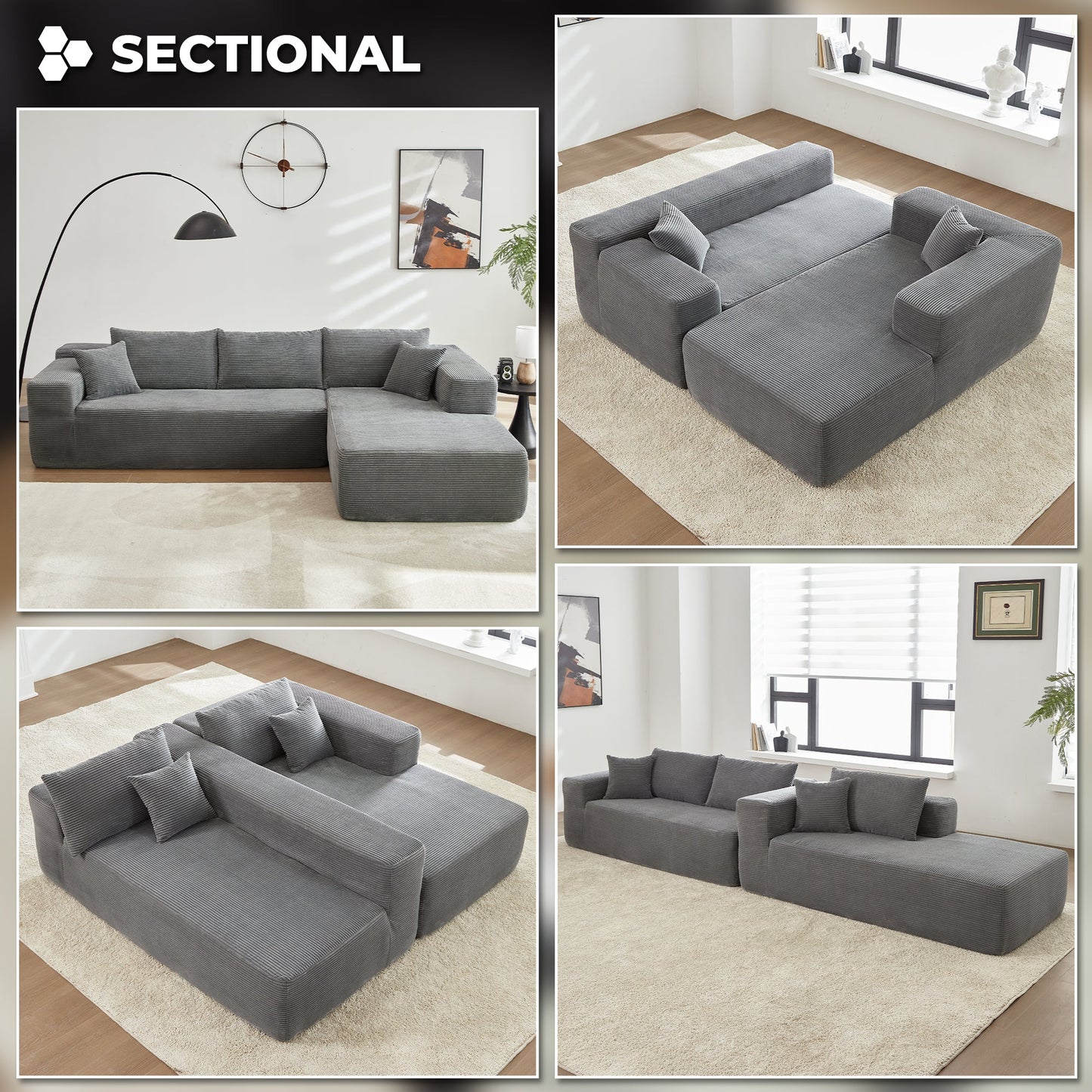 104" L-Shape Modular Couch with Chaise,Corduroy Fabric,No Assembly Required