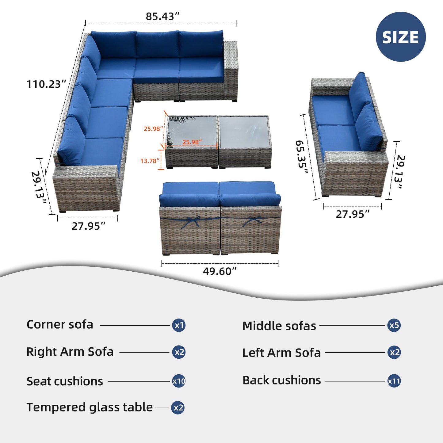 12 Pieces Patio Conversation Set with 7.68'' Broad Handrails