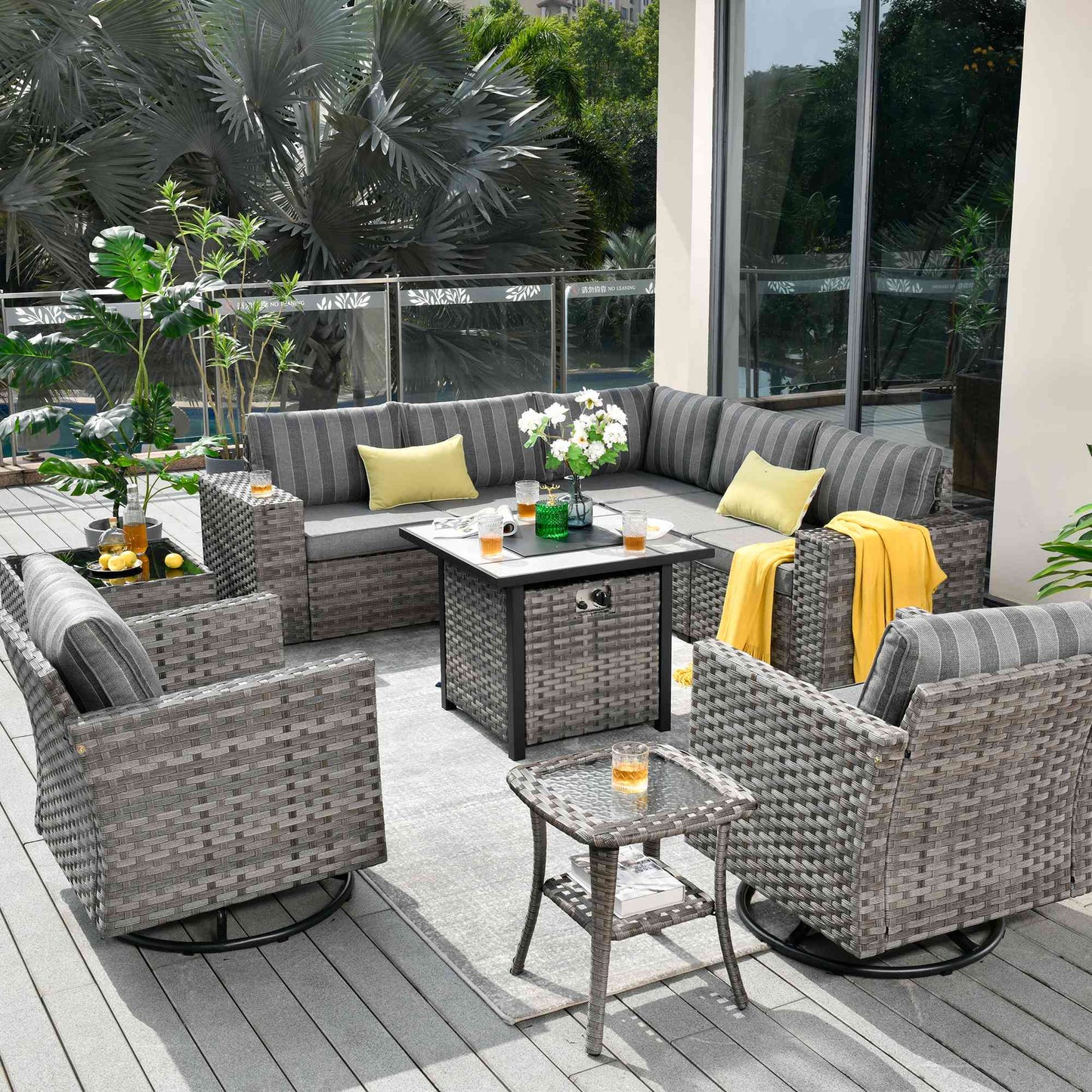 10 Pieces Patio Furniture with 7.68'' Handrails and 30'' Fire Pit Table Rocking Chair