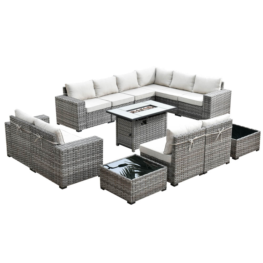 13 Pieces Outdoor Furniture with 7.68'' Broad Handrails and Rectangle 42.12'' Fire Pit Table