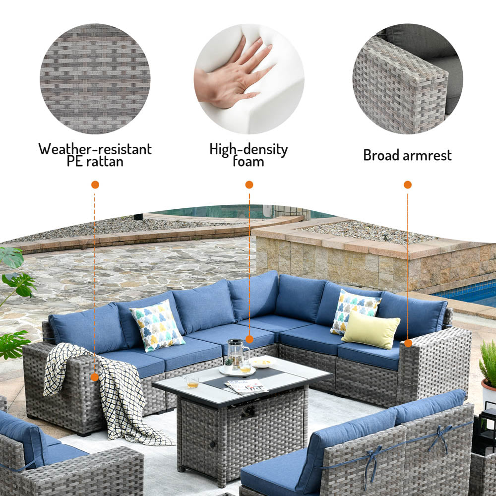 13 Pieces Outdoor Furniture with 7.68'' Broad Handrails and Rectangle 42.12'' Fire Pit Table