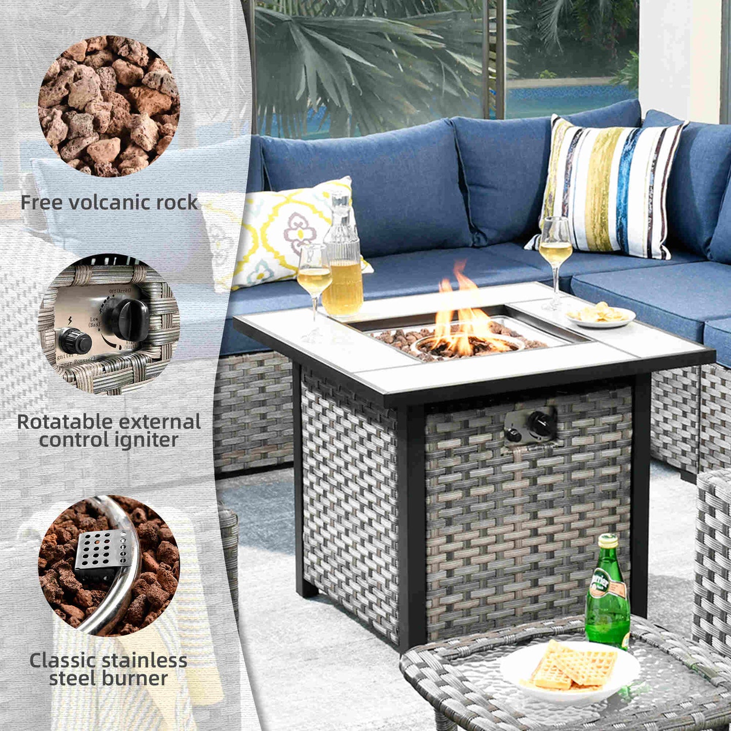 10 Pieces Patio Furniture with 7.68'' Handrails and 30'' Fire Pit Table Rocking Chair