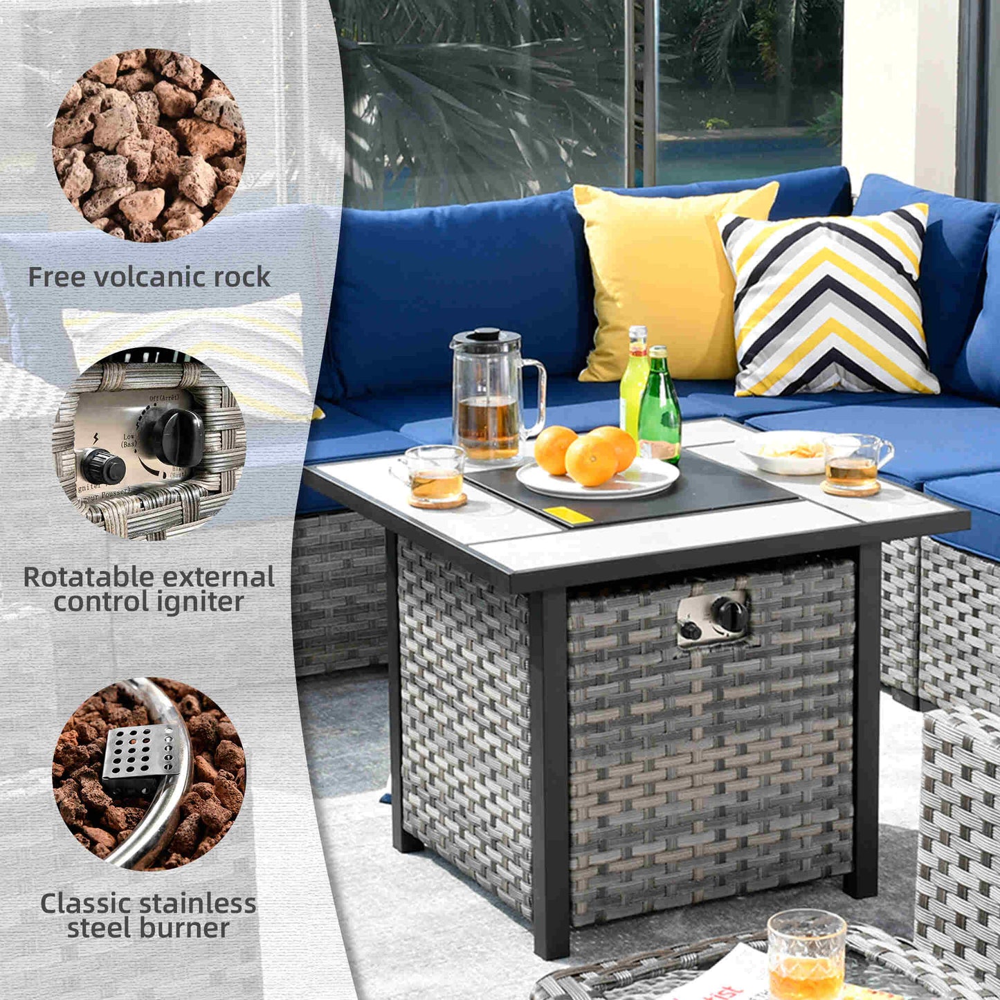 10 Pieces Patio Furniture with 7.68'' Handrails and 30'' Fire Pit Table Rocking Chair