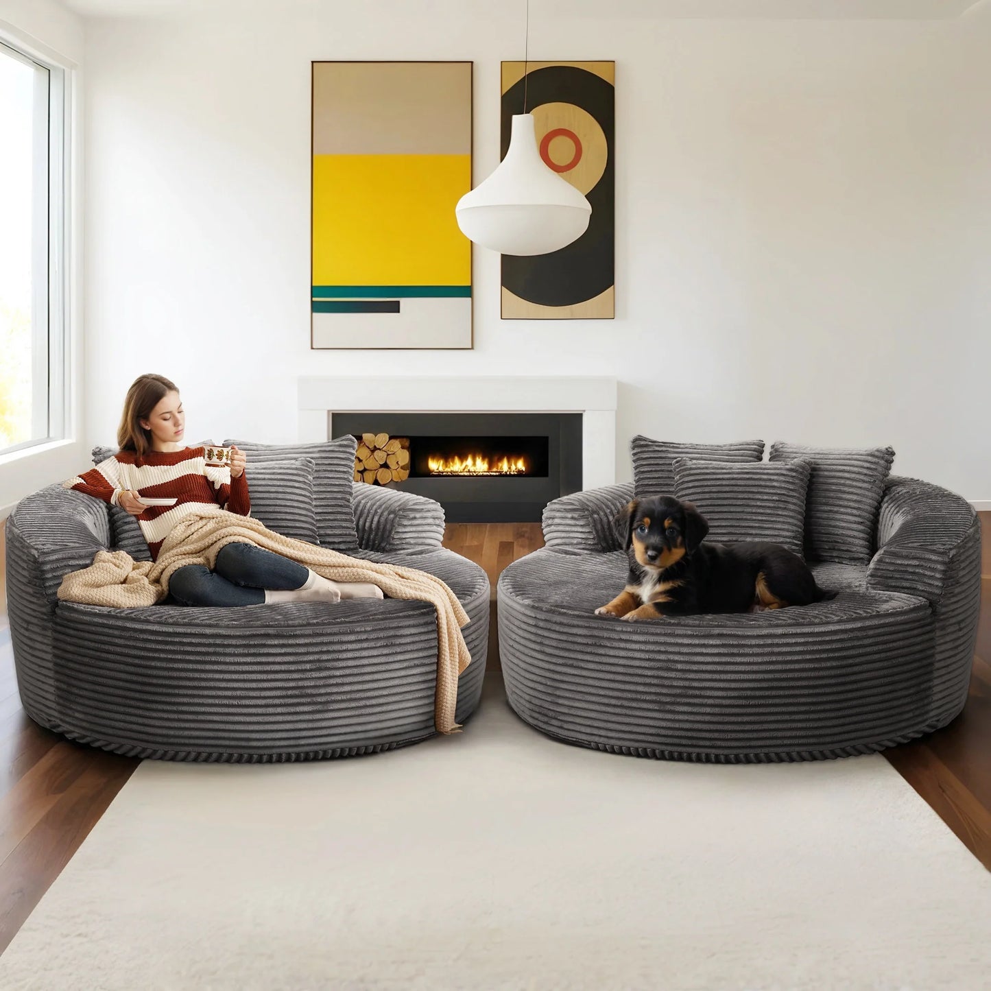 59" O-Shape Modular Couch, Plush Corduroy Fabric, No Assembly Required