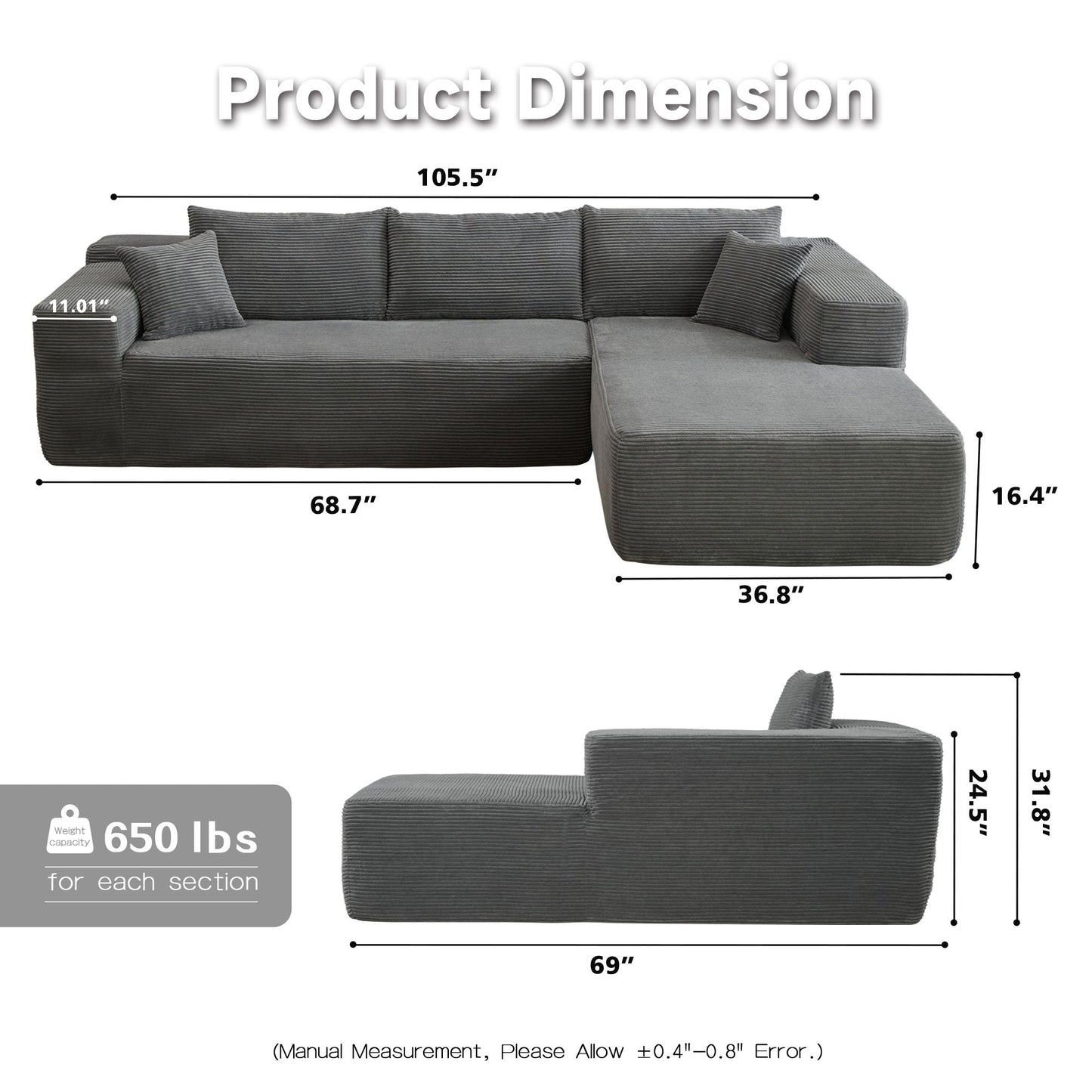104" L-Shape Modular Couch with Chaise,Corduroy Fabric,No Assembly Required