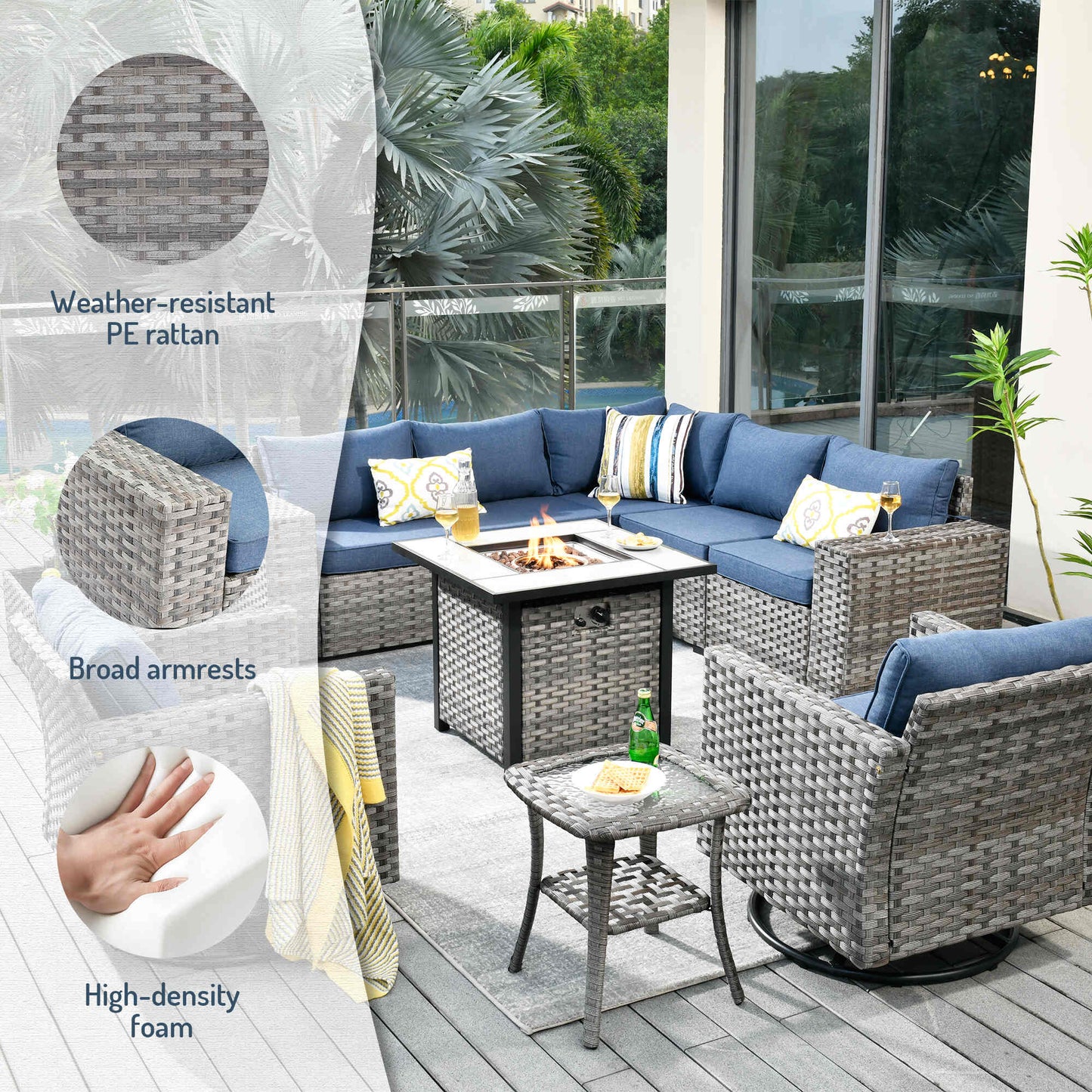 10 Pieces Patio Furniture with 7.68'' Handrails and 30'' Fire Pit Table Rocking Chair