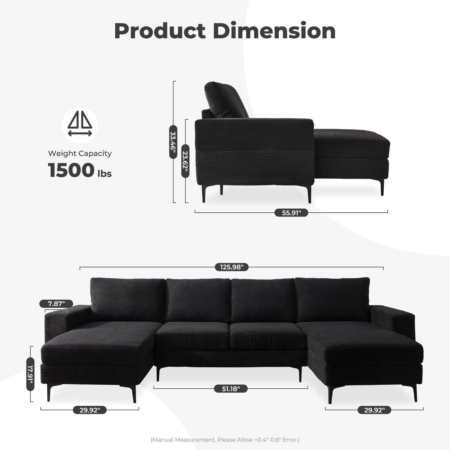 126" Modern U-Shaped Couch with Double Chaise Corduroy Fabric
