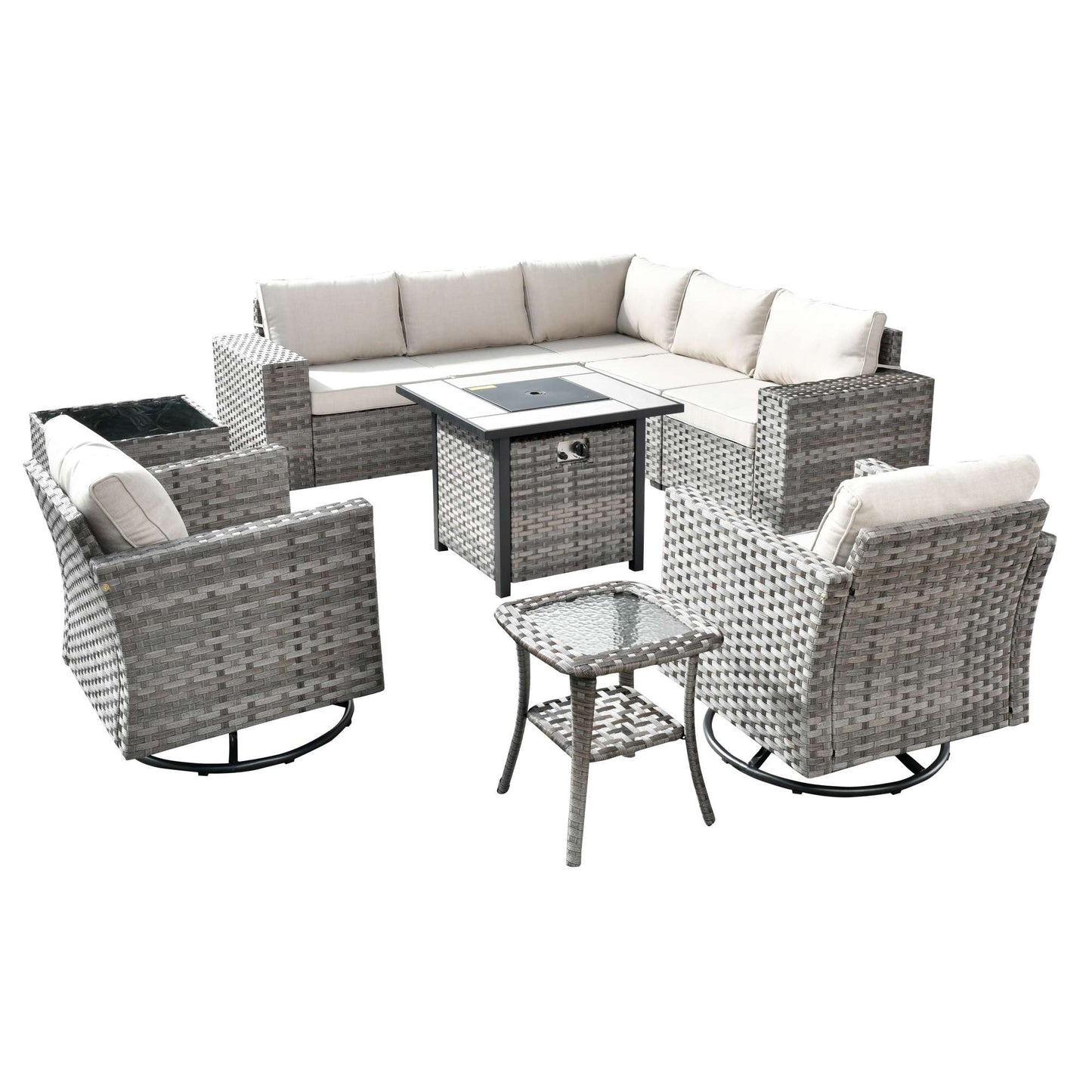 10 Pieces Patio Furniture with 7.68'' Handrails and 30'' Fire Pit Table Rocking Chair