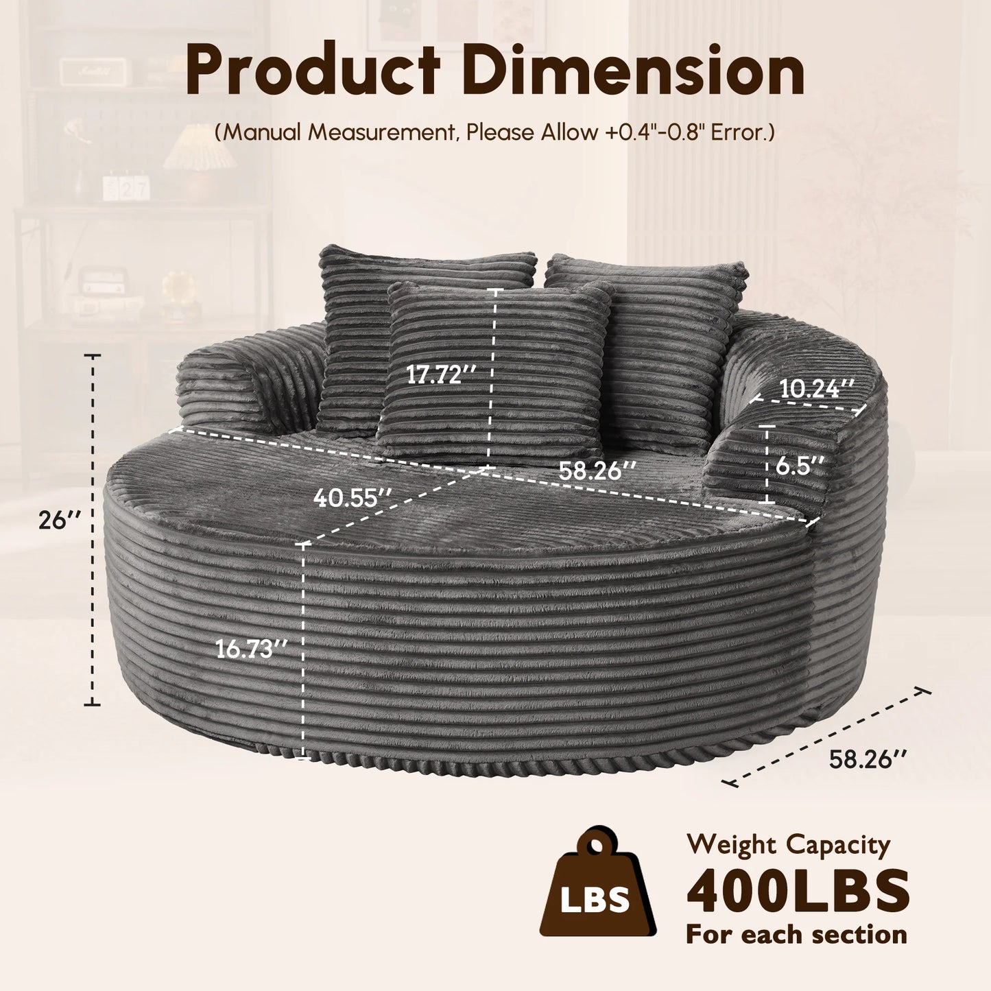 59" O-Shape Modular Couch, Plush Corduroy Fabric, No Assembly Required