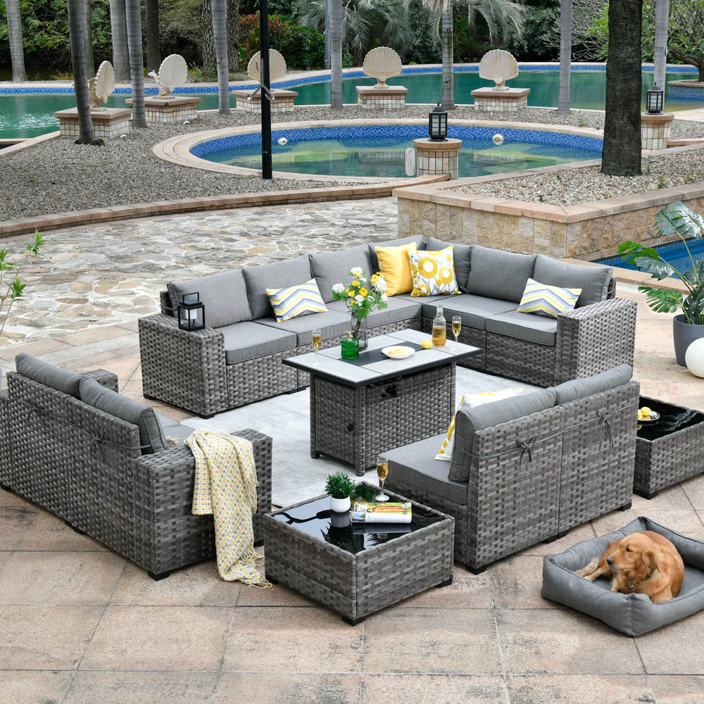 13 Pieces Outdoor Furniture with 7.68'' Broad Handrails and Rectangle 42.12'' Fire Pit Table