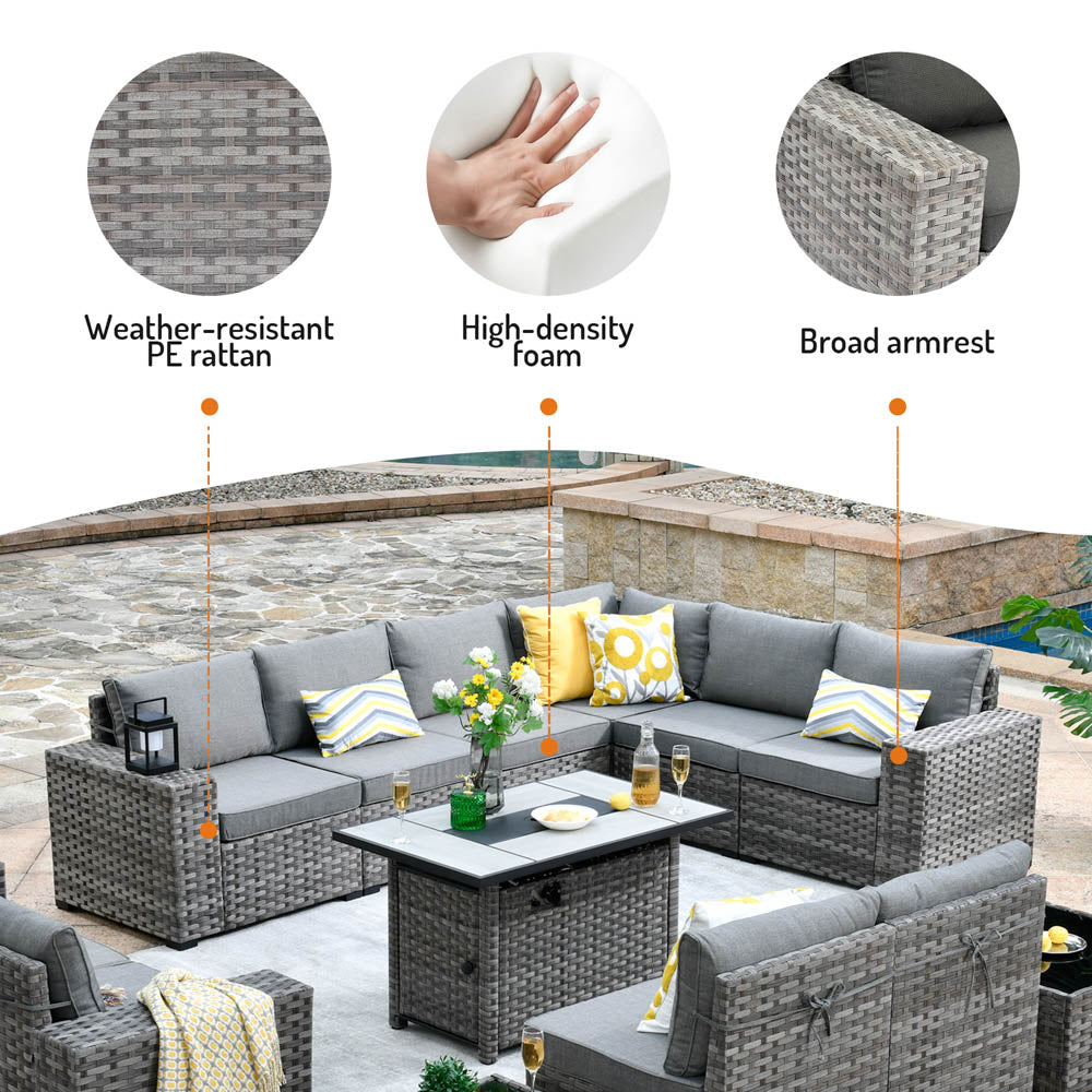 13 Pieces Outdoor Furniture with 7.68'' Broad Handrails and Rectangle 42.12'' Fire Pit Table