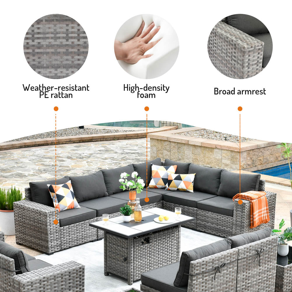 13 Pieces Outdoor Furniture with 7.68'' Broad Handrails and Rectangle 42.12'' Fire Pit Table