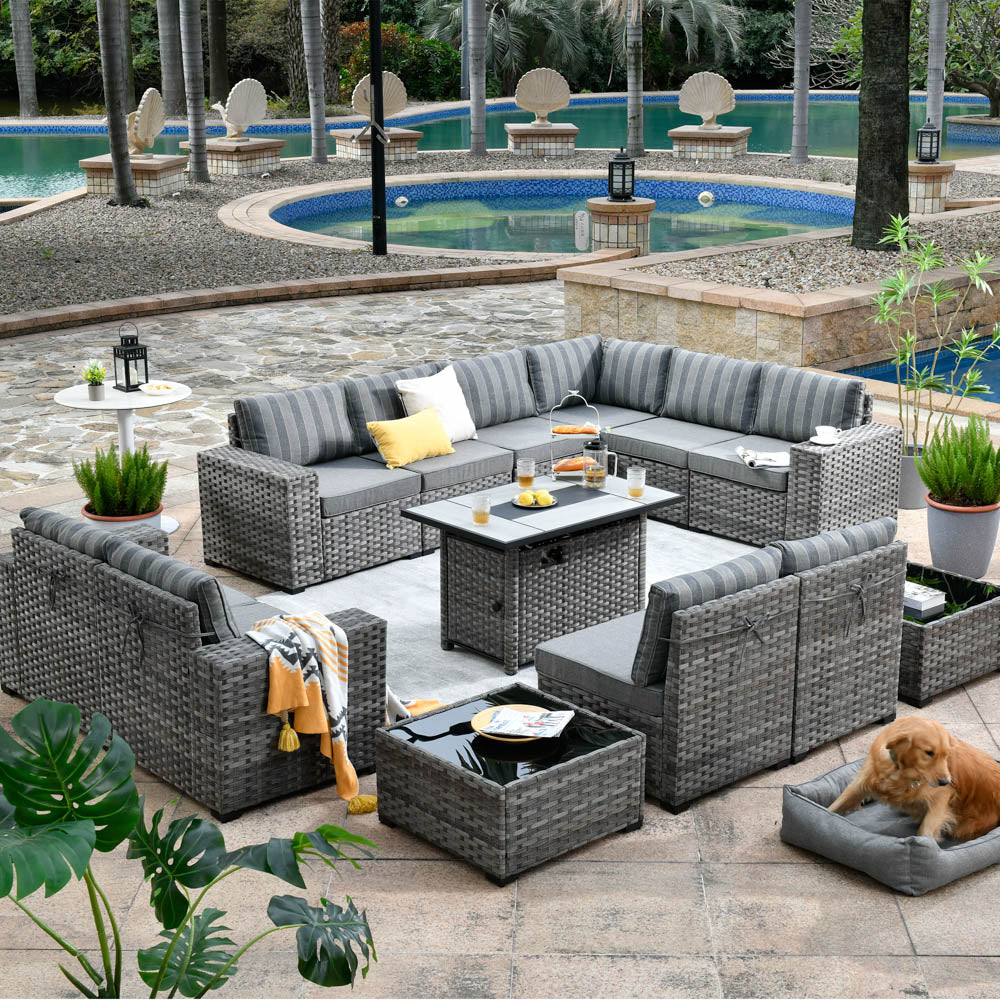 13 Pieces Outdoor Furniture with 7.68'' Broad Handrails and Rectangle 42.12'' Fire Pit Table