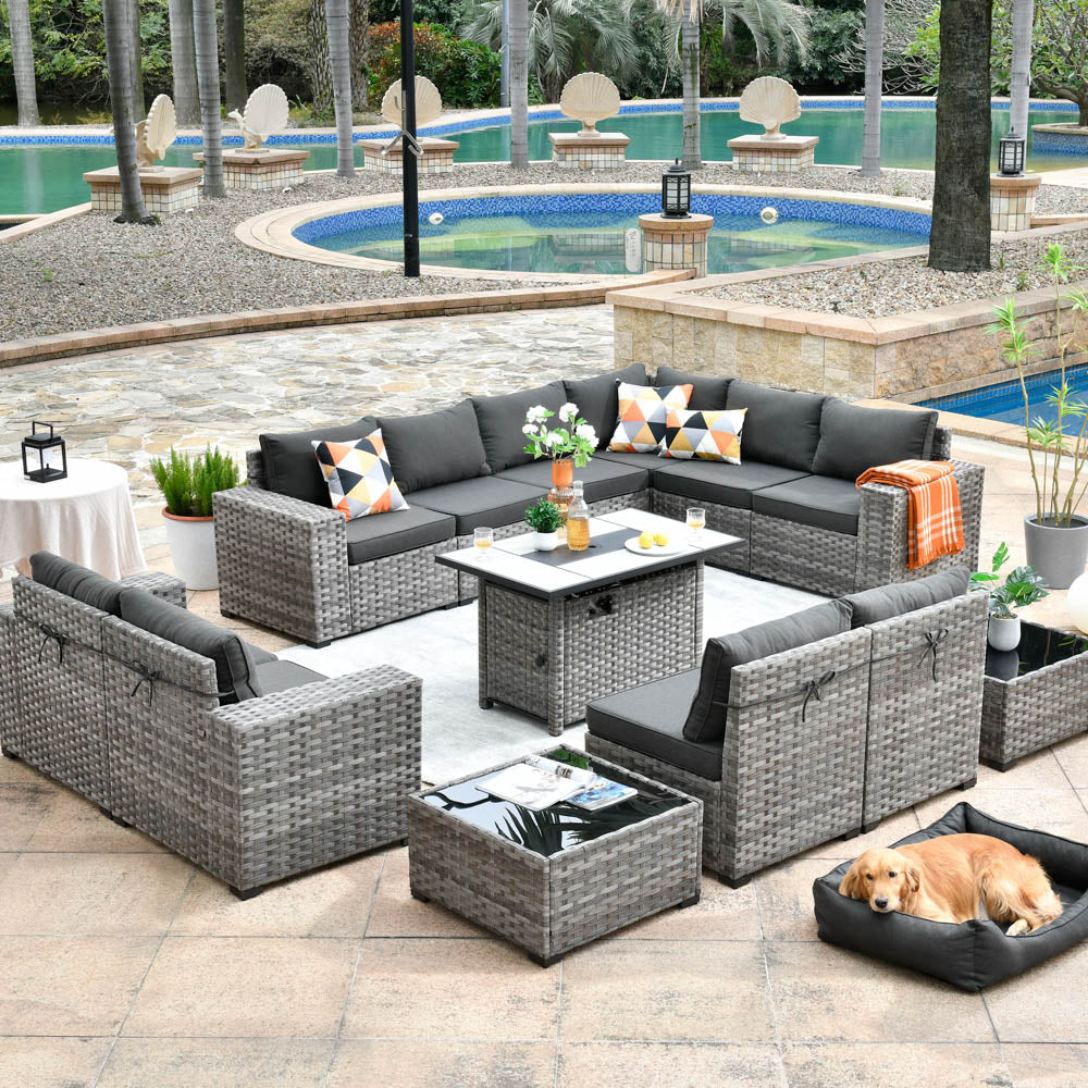 13 Pieces Outdoor Furniture with 7.68'' Broad Handrails and Rectangle 42.12'' Fire Pit Table