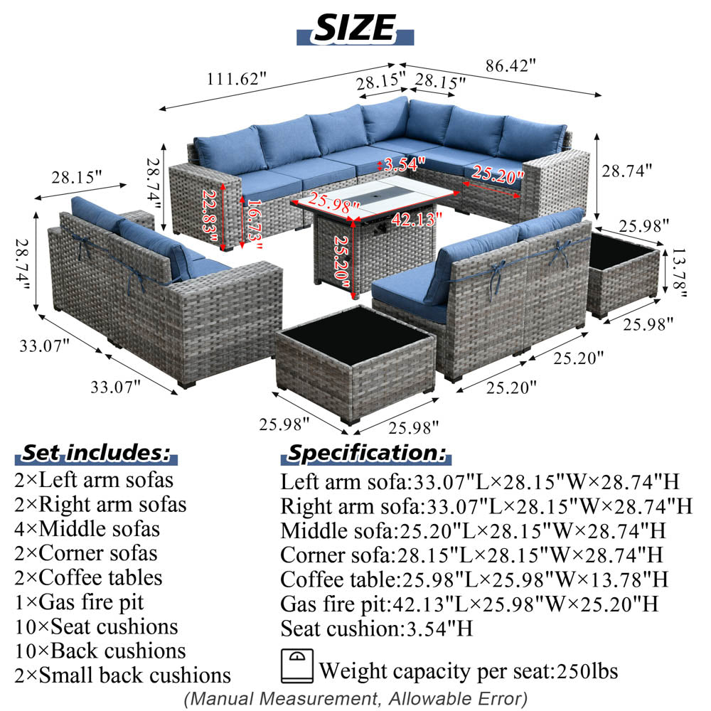 13 Pieces Outdoor Furniture with 7.68'' Broad Handrails and Rectangle 42.12'' Fire Pit Table
