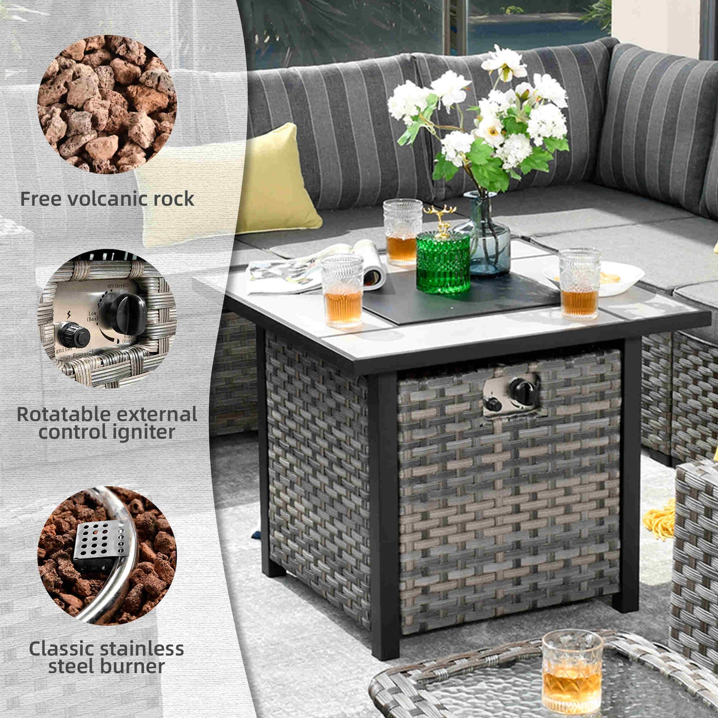 10 Pieces Patio Furniture with 7.68'' Handrails and 30'' Fire Pit Table Rocking Chair