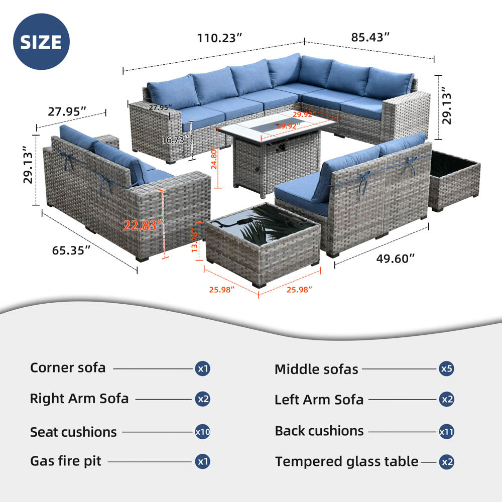13 Pieces Outdoor Furniture with 7.68'' Broad Handrails and Rectangle 42.12'' Fire Pit Table