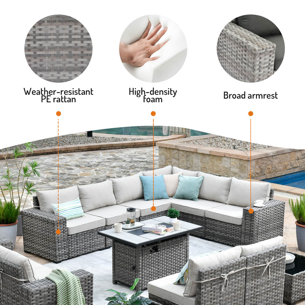 13 Pieces Outdoor Furniture with 7.68'' Broad Handrails and Rectangle 42.12'' Fire Pit Table