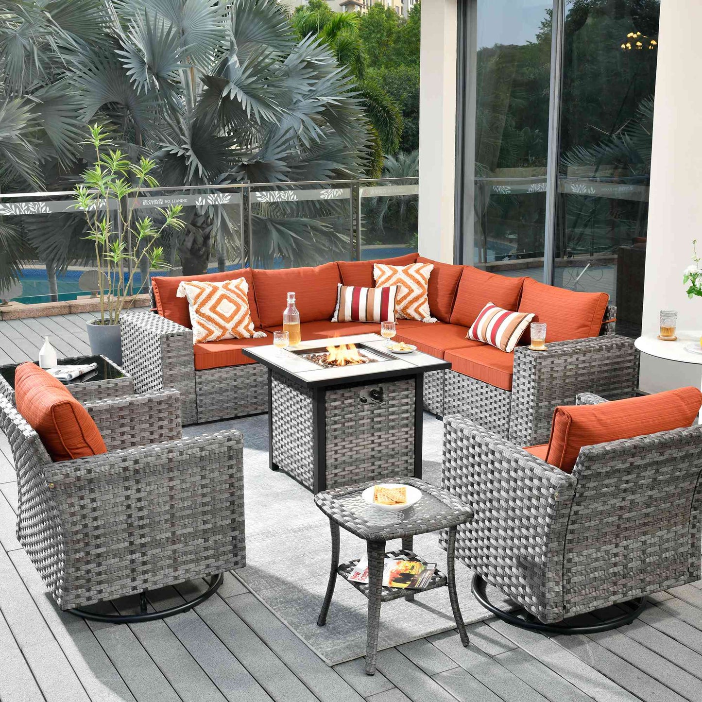 10 Pieces Patio Furniture with 7.68'' Handrails and 30'' Fire Pit Table Rocking Chair