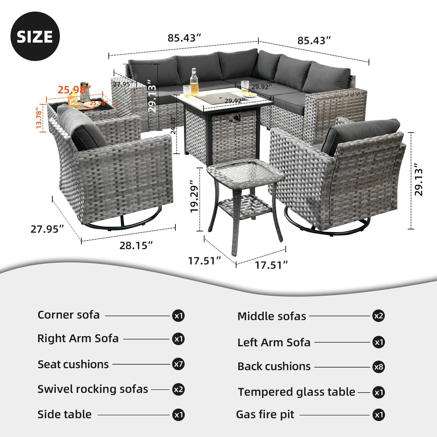 10 Pieces Patio Furniture with 7.68'' Handrails and 30'' Fire Pit Table Rocking Chair