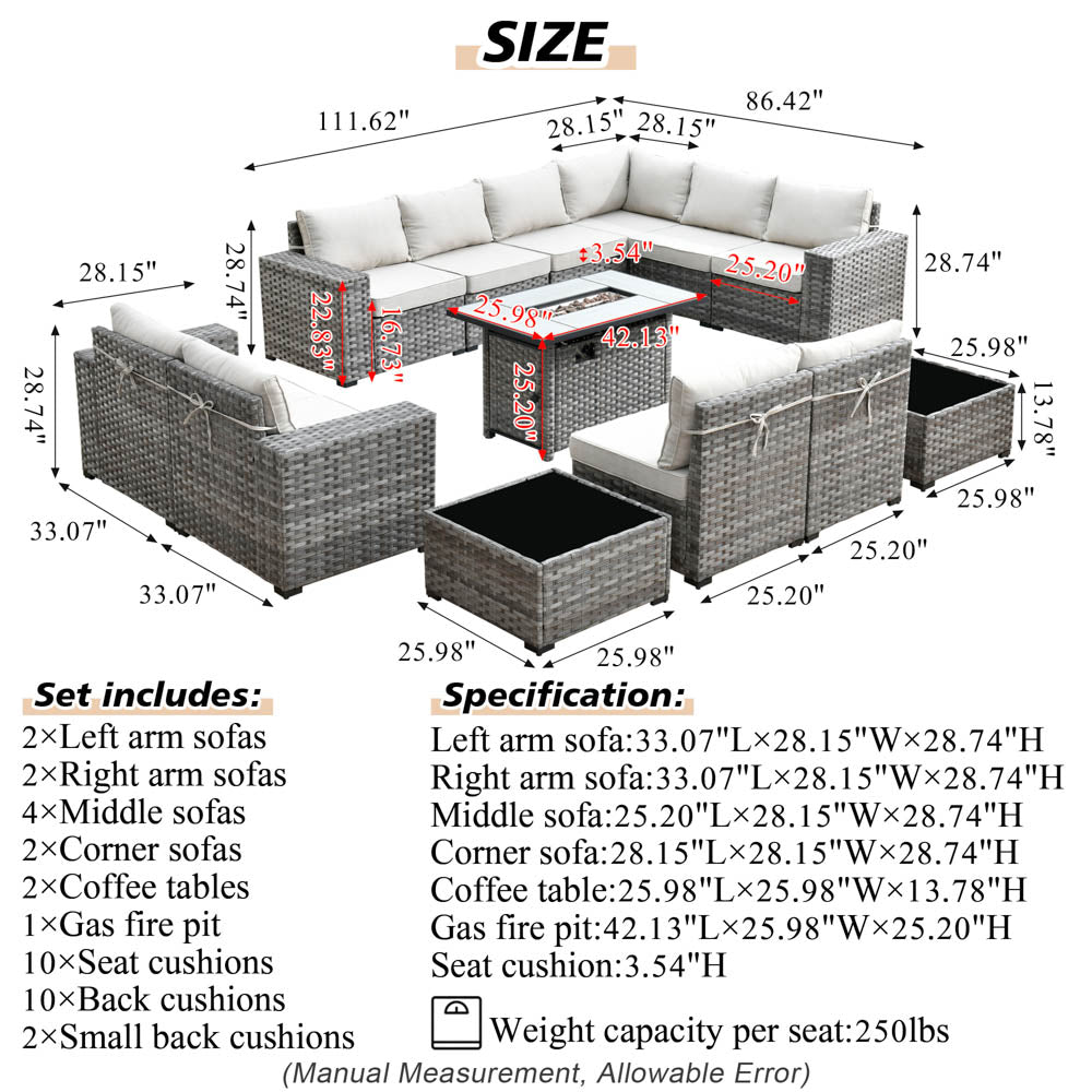 13 Pieces Outdoor Furniture with 7.68'' Broad Handrails and Rectangle 42.12'' Fire Pit Table