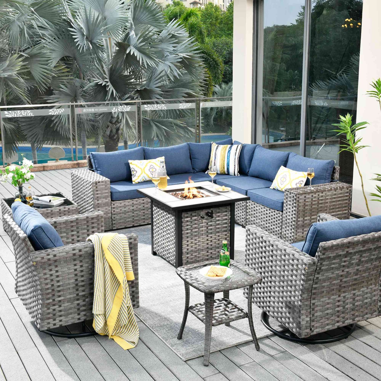 10 Pieces Patio Furniture with 7.68'' Handrails and 30'' Fire Pit Table Rocking Chair