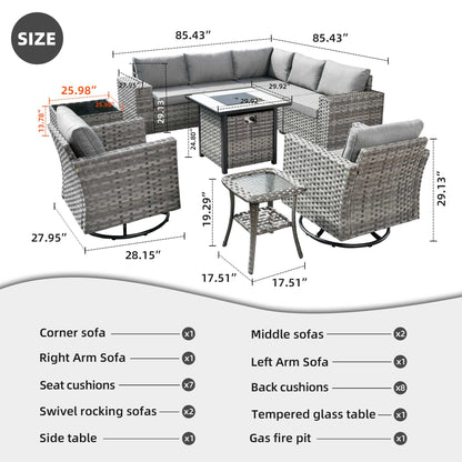 10 Pieces Patio Furniture with 7.68'' Handrails and 30'' Fire Pit Table Rocking Chair