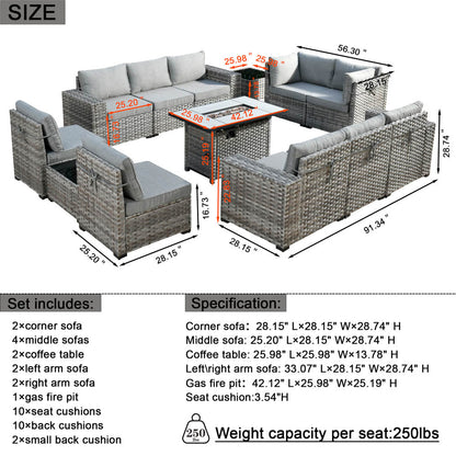13 Pieces Outdoor Furniture with 7.68'' Broad Handrails and Rectangle 42.12'' Fire Pit Table