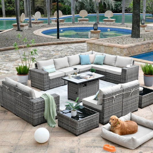 13 Pieces Outdoor Furniture with 7.68'' Broad Handrails and Rectangle 42.12'' Fire Pit Table