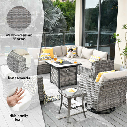 10 Pieces Patio Furniture with 7.68'' Handrails and 30'' Fire Pit Table Rocking Chair