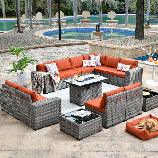 13 Pieces Outdoor Furniture with 7.68'' Broad Handrails and Rectangle 42.12'' Fire Pit Table