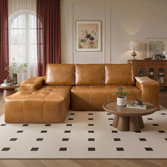114" Cloud Sectional Sofa - L-Shaped Faux Leather Modular Couch with Deep Seat Chaise
