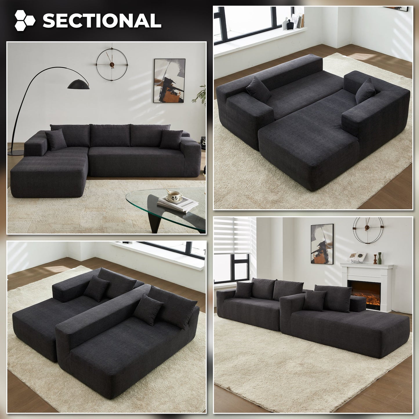 104" L-Shape Modular Couch with Chaise, Chenille Fabric, No Assembly Required