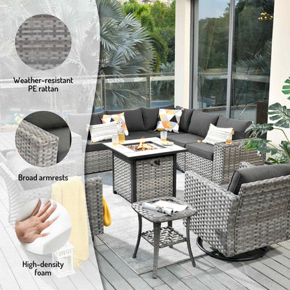 10 Pieces Patio Furniture with 7.68'' Handrails and 30'' Fire Pit Table Rocking Chair