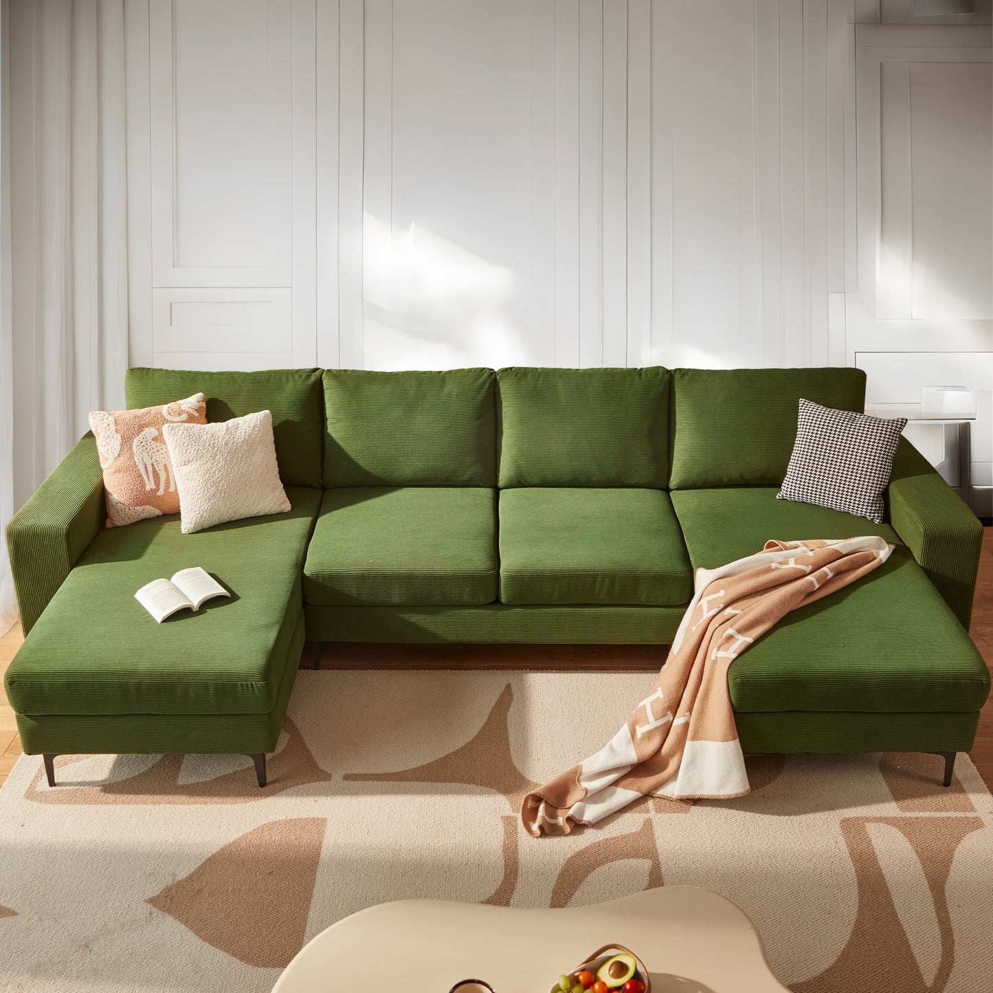 126" Modern U-Shaped Couch with Double Chaise Corduroy Fabric
