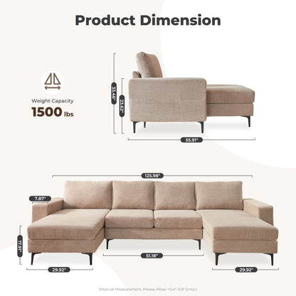 126" Modern U-Shaped Couch with Double Chaise Corduroy Fabric