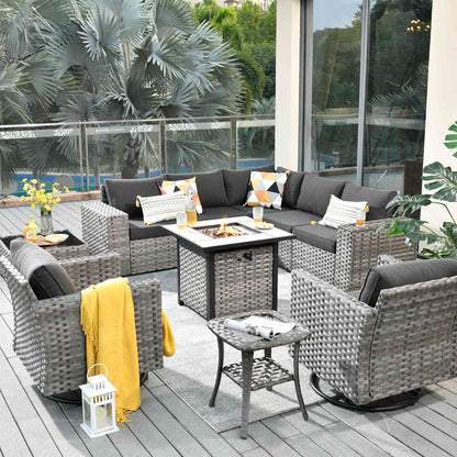 10 Pieces Patio Furniture with 7.68'' Handrails and 30'' Fire Pit Table Rocking Chair