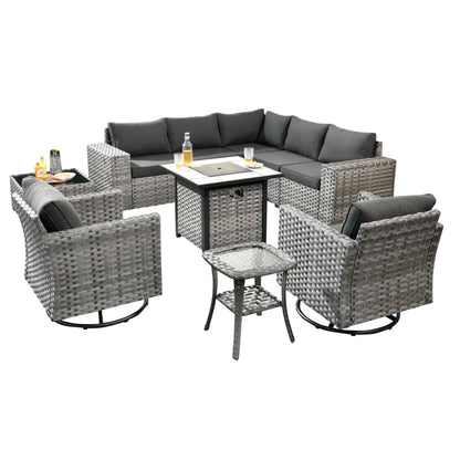 10 Pieces Patio Furniture with 7.68'' Handrails and 30'' Fire Pit Table Rocking Chair