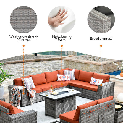 13 Pieces Outdoor Furniture with 7.68'' Broad Handrails and Rectangle 42.12'' Fire Pit Table