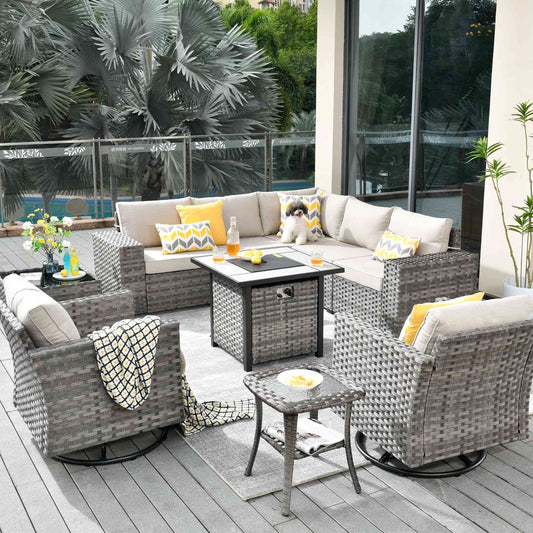 10 Pieces Patio Furniture with 7.68'' Handrails and 30'' Fire Pit Table Rocking Chair