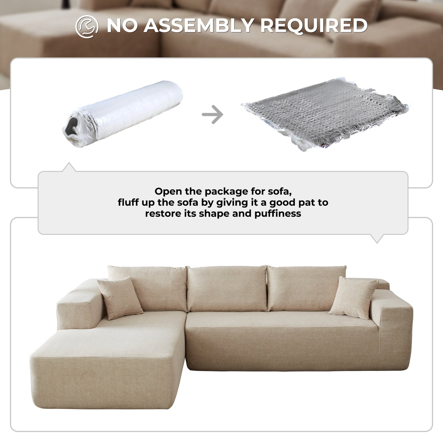 104" L-Shape Modular Couch with Chaise, Chenille Fabric, No Assembly Required